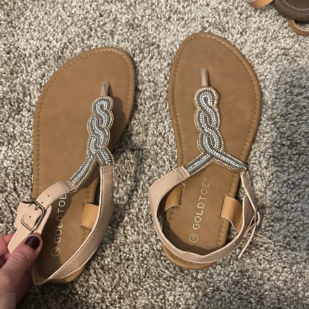 Gold Toe Tan and Silver Sandals